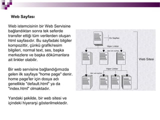 Web Sayfası

Web istemcisinin bir Web Servisine
bağlandıktan sonra tek seferde
transfer ettiği tüm verilerden oluşan
html sayfasıdır. Bu sayfadaki bilgiler
kompozittir, çünkü grafik/resim
bilgileri, normal text, ses, başka
merkezlere ve başka dökümanlara
ait linkler olabilir.

Bir web servisine bağlandığımızda
gelen ilk sayfaya "home page" denir.
home page'ler için dosya adı
genellikle "default.html" ya da
"index.html" olmaktadır.

Yandaki şekilde, bir web sitesi ve
içindeki hiyerarşi gösterilmektedir.
 