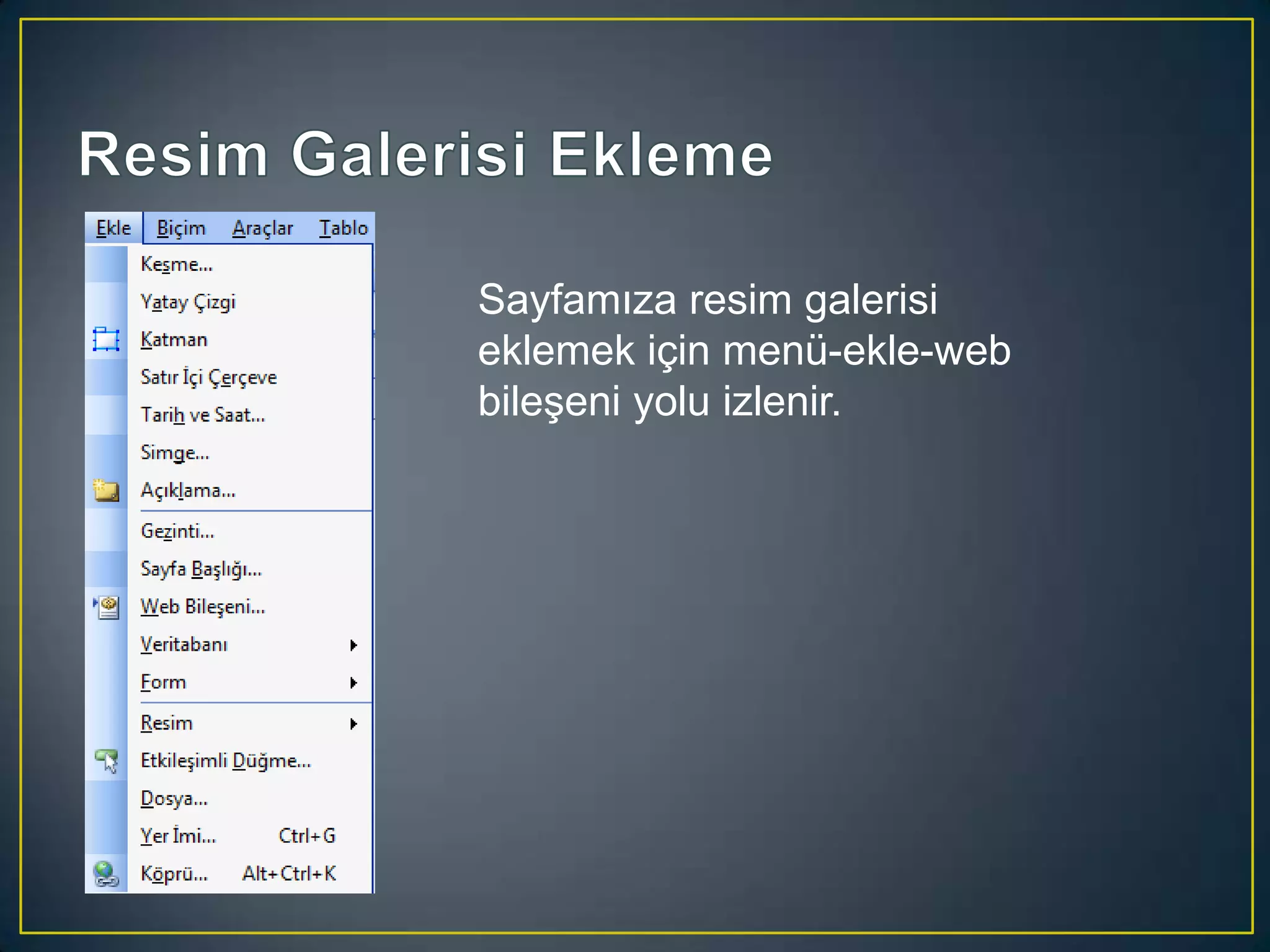 Sayfamıza resim galerisi
eklemek için menü-ekle-web
bileşeni yolu izlenir.

 