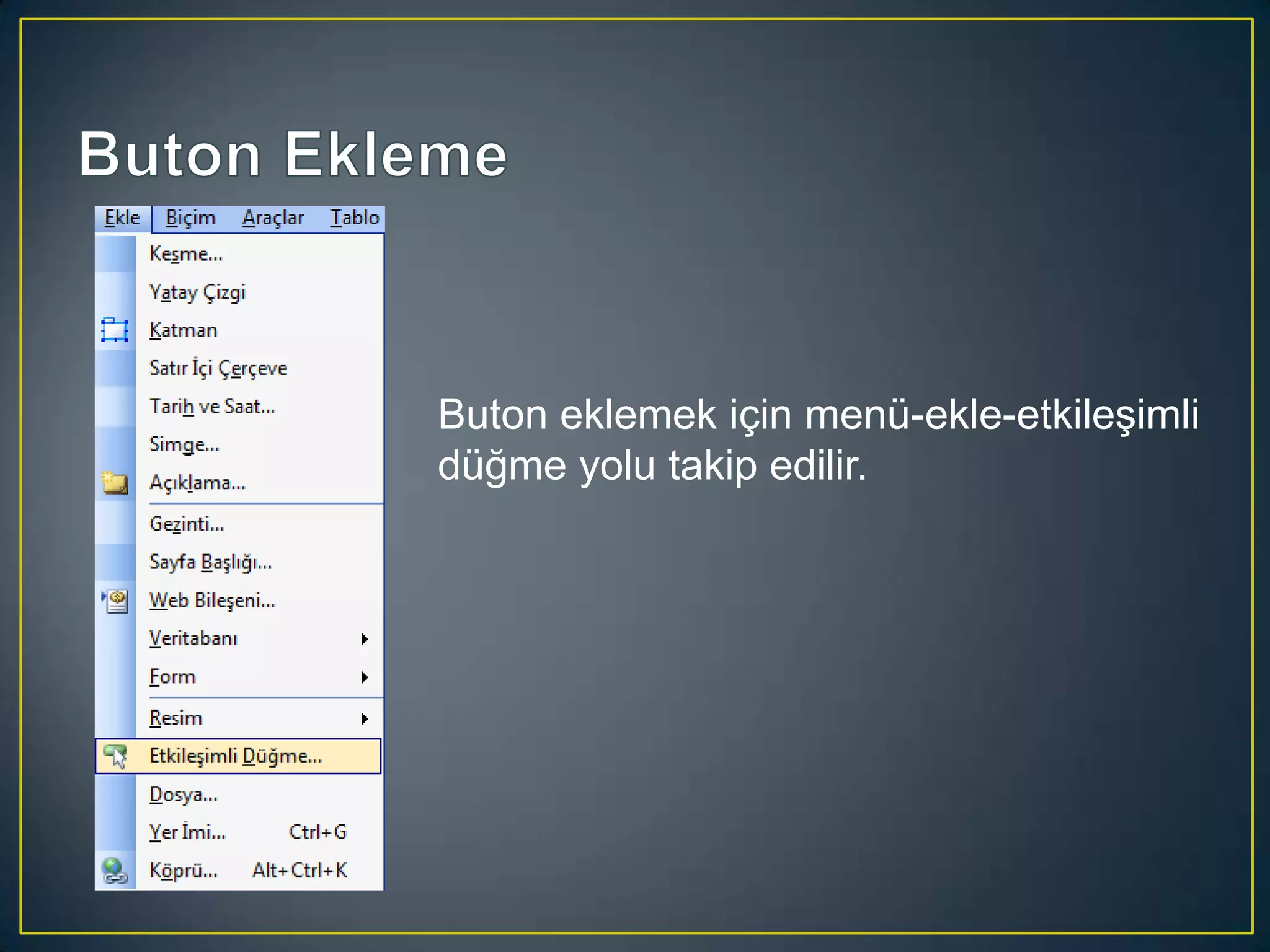 Buton eklemek için menü-ekle-etkileşimli
düğme yolu takip edilir.

 
