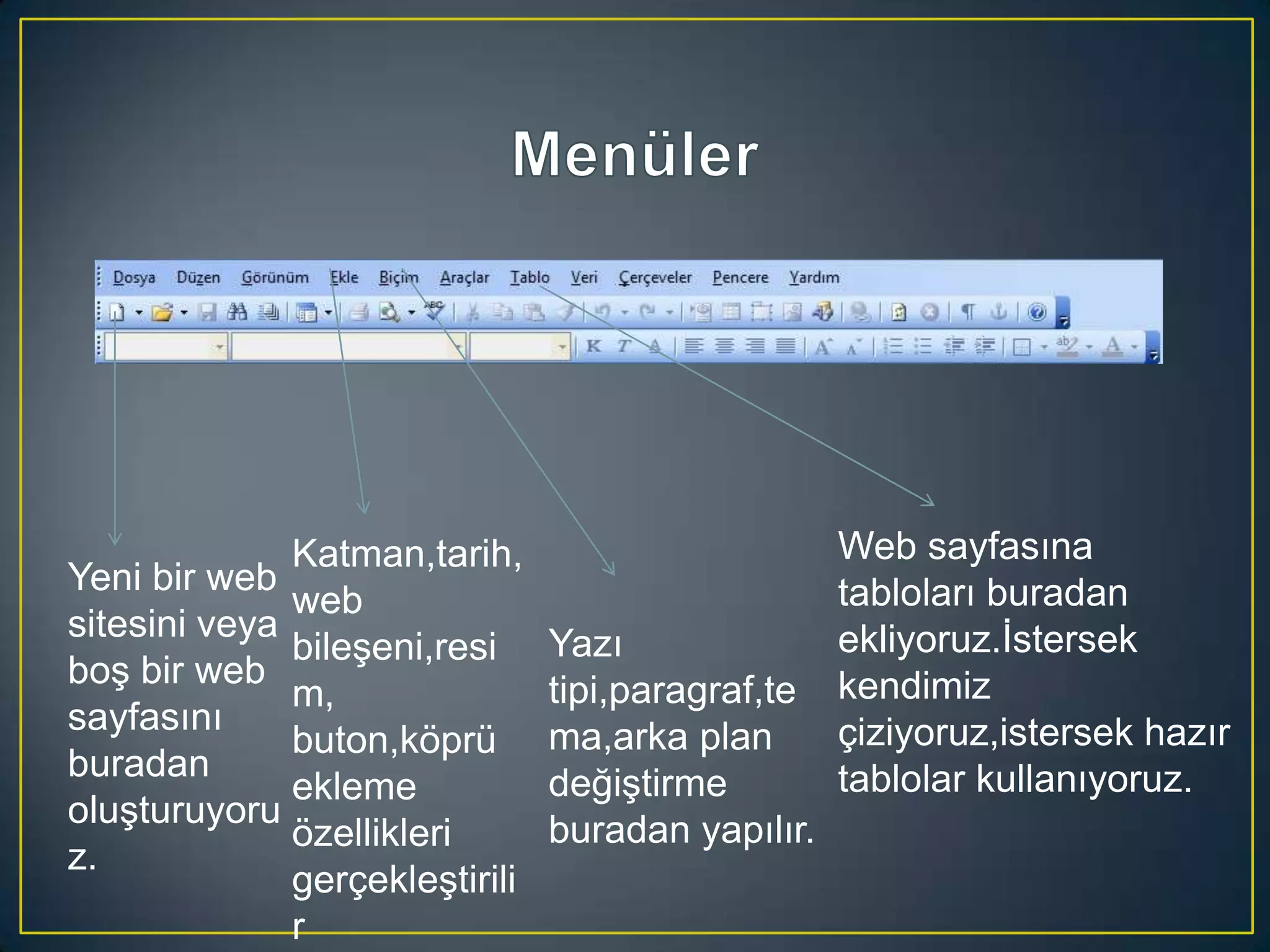 Katman,tarih,
Yeni bir web
web
sitesini veya
bileşeni,resi
boş bir web
m,
sayfasını
buton,köprü
buradan
ekleme
oluşturuyoru
özellikleri
z.
gerçekleştirili
r

Yazı
tipi,paragraf,te
ma,arka plan
değiştirme
buradan yapılır.

Web sayfasına
tabloları buradan
ekliyoruz.İstersek
kendimiz
çiziyoruz,istersek hazır
tablolar kullanıyoruz.

 