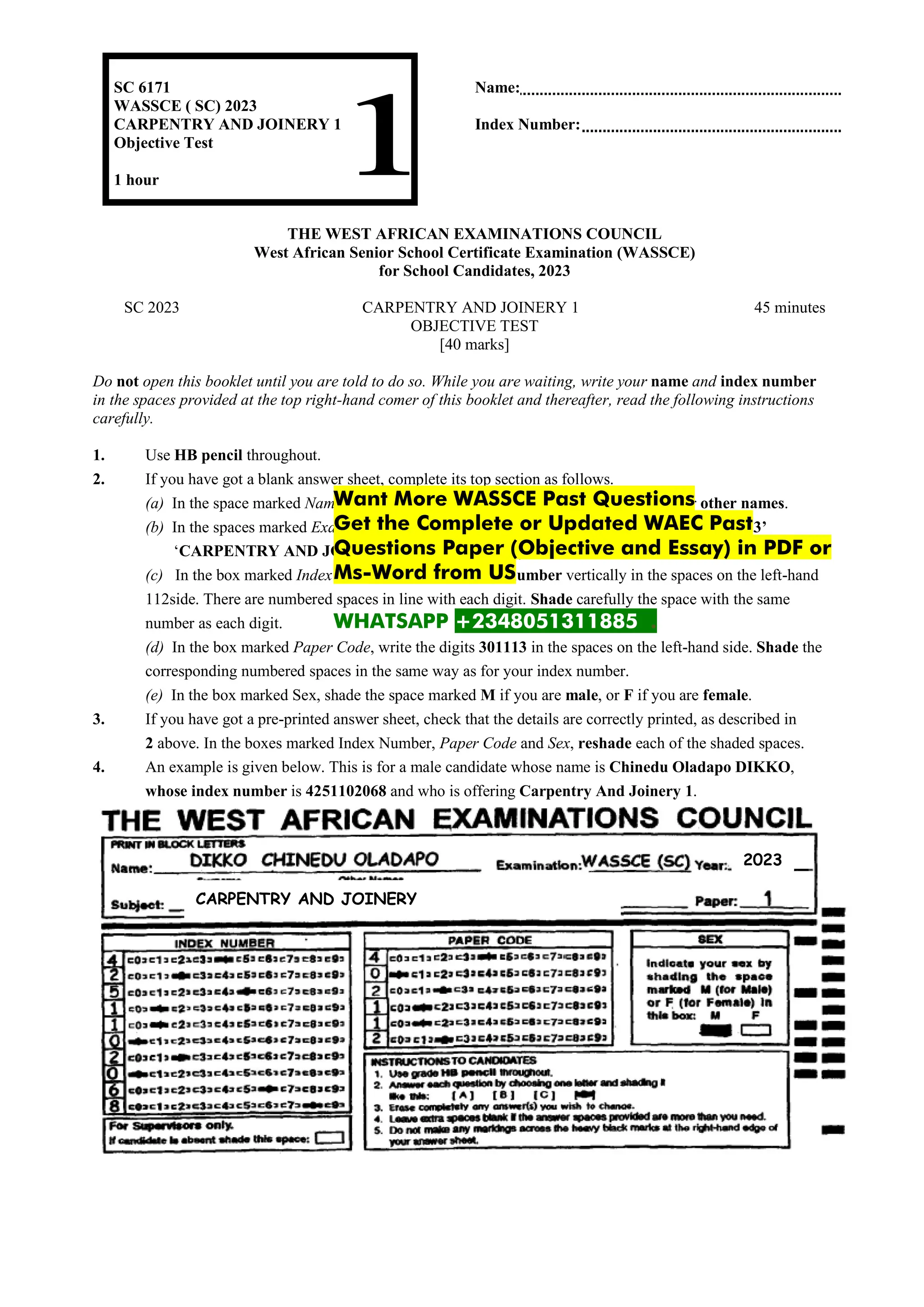 WAEC Carpentry and Joinery Past Questions PDF