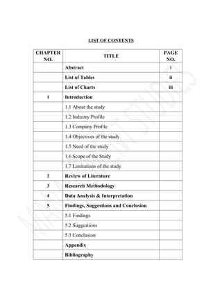 LIST OF CONTENTS

CHAPTER                                          PAGE
                             TITLE
  NO.                                             NO.
          Abstract                                i

          List of Tables                          ii

          List of Charts                          iii

   1      Introduction
          1.1 About the study
          1.2 Industry Profile
          1.3 Company Profile
          1.4 Objectives of the study
          1.5 Need of the study
          1.6 Scope of the Study
          1.7 Limitations of the study
   2      Review of Literature
   3      Research Methodology
   4      Data Analysis & Interpretation
   5      Findings, Suggestions and Conclusion
          5.1 Findings
          5.2 Suggestions
          5.3 Conclusion
          Appendix
          Bibliography
 