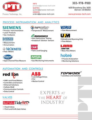 303-978-9100
1600 Broadway Ste. 1600
Denver, CO 80202
www.process-tech.com
Process Instrumention and Analytics
Automation and controls
• Process Instrumentation
• Level Products
• Gas Analyzers
• Measurement
• Annunciators
•Temperature Measurement
• Non-Destrucitve Testing
• Analytical Solution Sensors
• Flow Meters • Mass-flow Meters
• LowVoltage Drives
• PLC
• Motion Control
• Leverless Limit Switches
• HMI’s and Panel Meters
• Controllers and Sensors
• Ethernet Solutions
• Cellular M2M
• Communication Controls
• Data Control
• CheckValves
• Pinch and Knife GateValves
valves
• Open Channel Flow Measure
•Tank Level Gauging
• Gas Monitoring Instruments
• Flow Measurement
Colorado and Wyoming Only
• Flow Meters
• Process Analyzation
• Monitoring Solutions