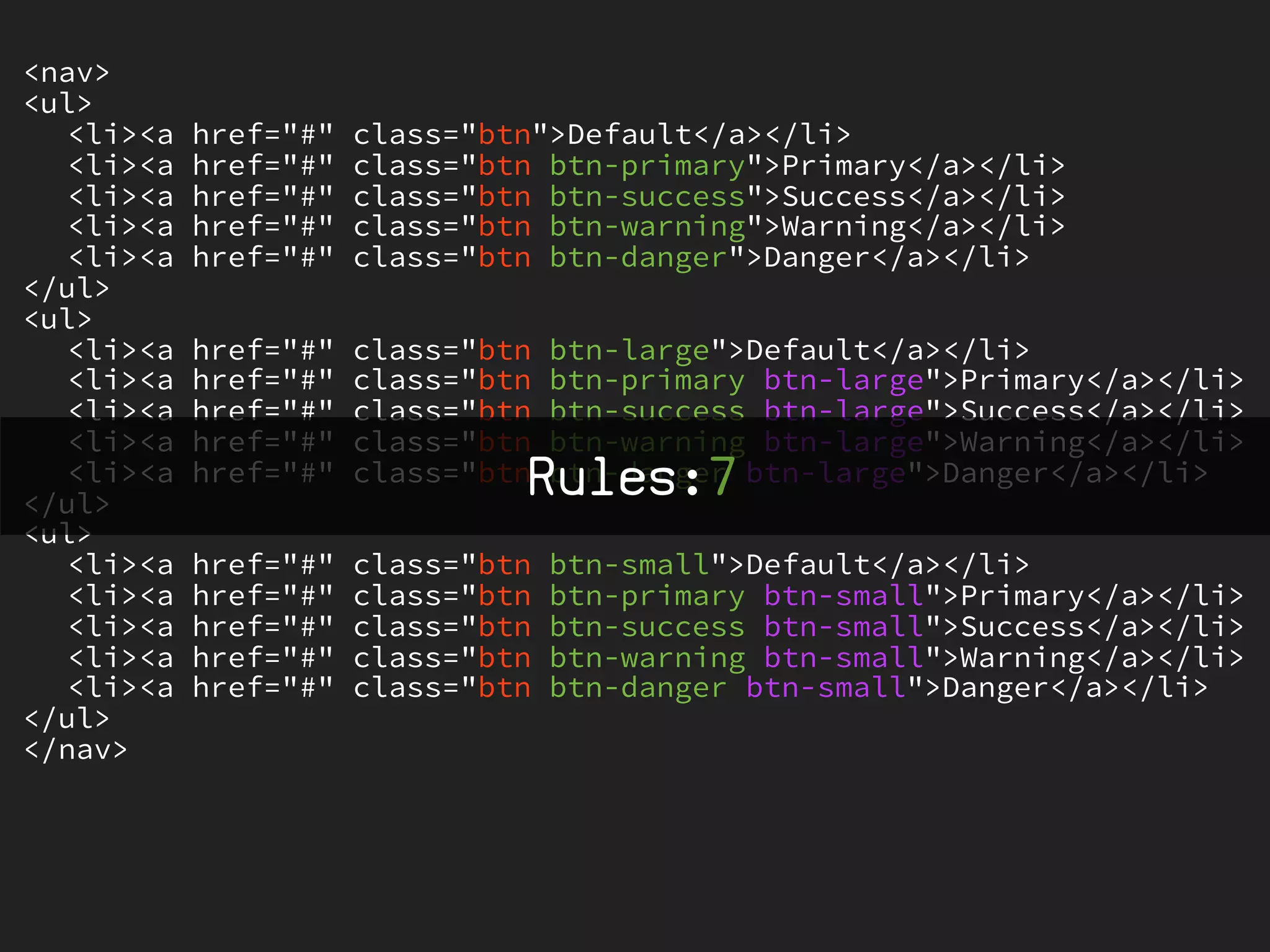 <nav>
<ul>
   <li><a   href="#"   class="btn">Default</a></li>
   <li><a   href="#"   class="btn btn-primary">Primary</a></li>
   <li><a   href="#"   class="btn btn-success">Success</a></li>
   <li><a   href="#"   class="btn btn-warning">Warning</a></li>
   <li><a   href="#"   class="btn btn-danger">Danger</a></li>
</ul>
<ul>
   <li><a   href="#"   class="btn   btn-large">Default</a></li>
   <li><a   href="#"   class="btn   btn-primary btn-large">Primary</a></li>
   <li><a   href="#"   class="btn   btn-success btn-large">Success</a></li>
   <li><a   href="#"   class="btn   btn-warning btn-large">Warning</a></li>
   <li><a
</ul>
            href="#"            Rules:7
                       class="btn   btn-danger btn-large">Danger</a></li>

<ul>
   <li><a   href="#"   class="btn   btn-small">Default</a></li>
   <li><a   href="#"   class="btn   btn-primary btn-small">Primary</a></li>
   <li><a   href="#"   class="btn   btn-success btn-small">Success</a></li>
   <li><a   href="#"   class="btn   btn-warning btn-small">Warning</a></li>
   <li><a   href="#"   class="btn   btn-danger btn-small">Danger</a></li>
</ul>
</nav>
 