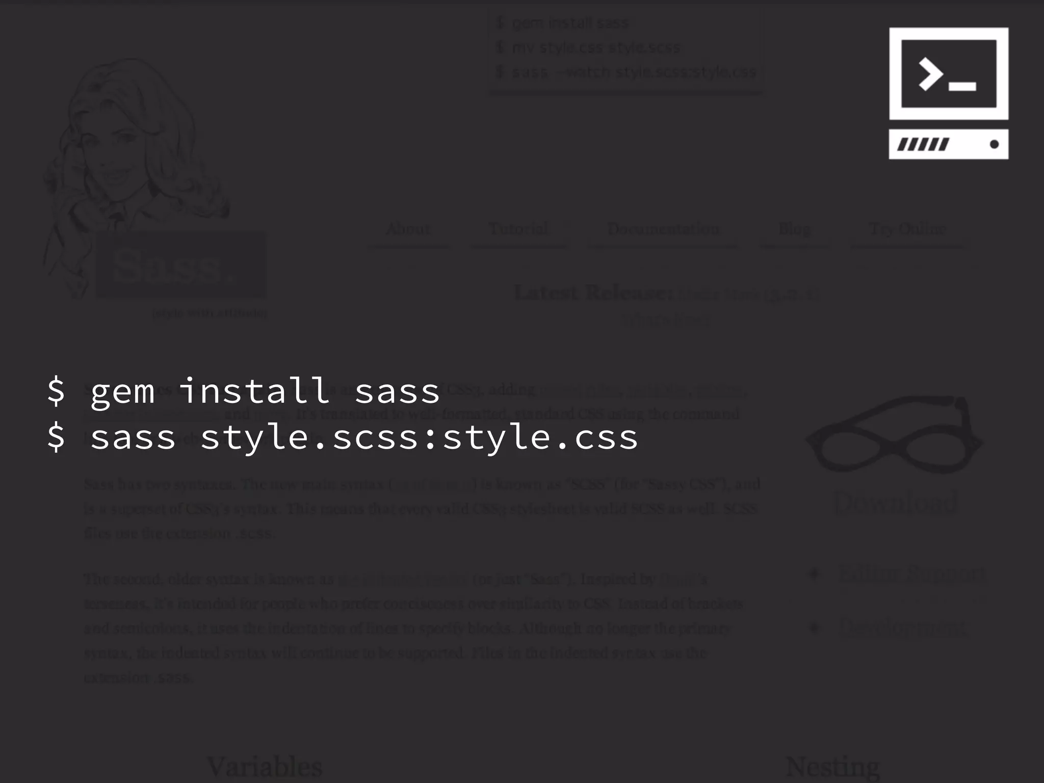 $ gem install sass
$ sass style.scss:style.css
 