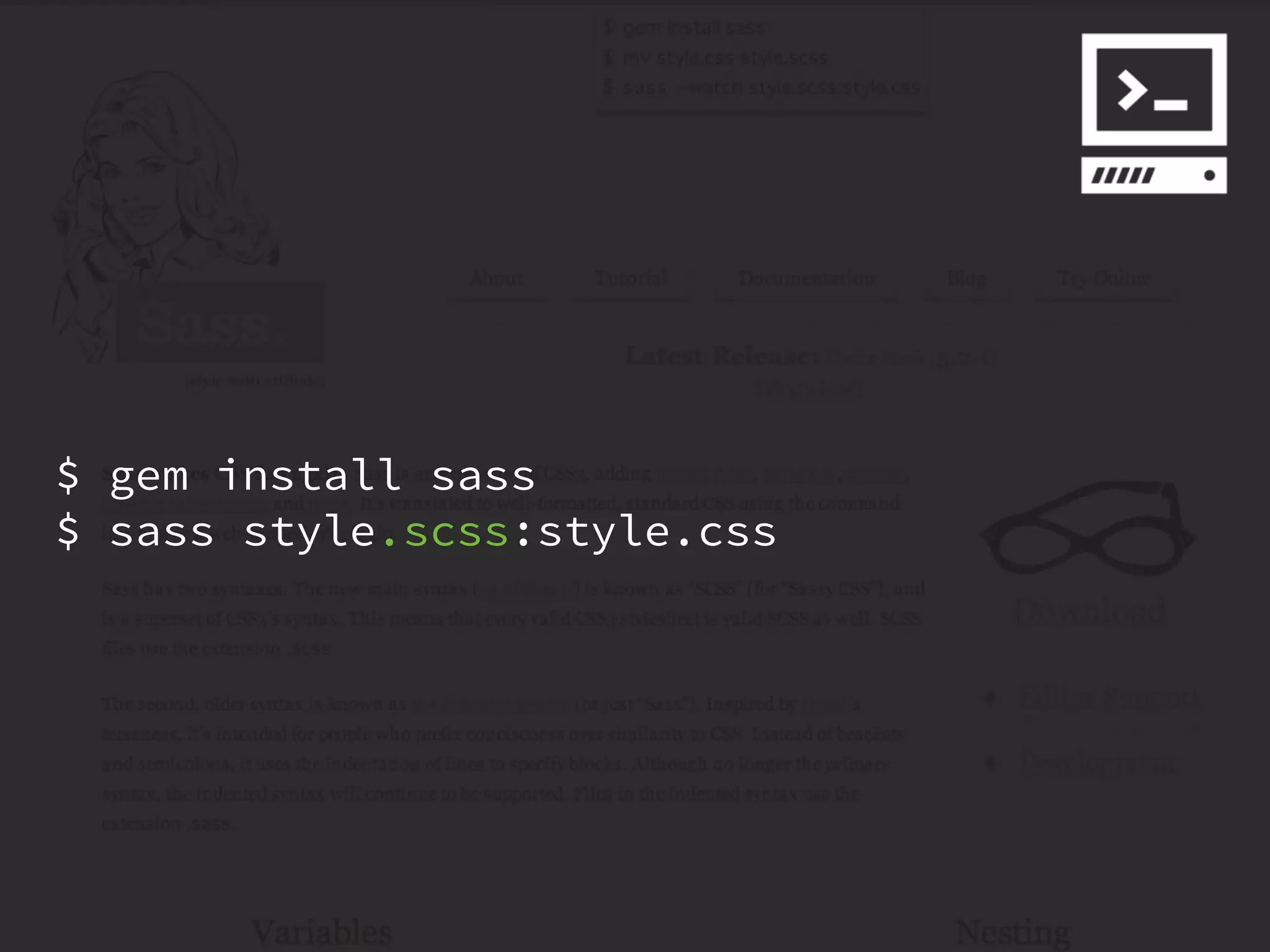 $ gem install sass
$ sass style.scss:style.css
 