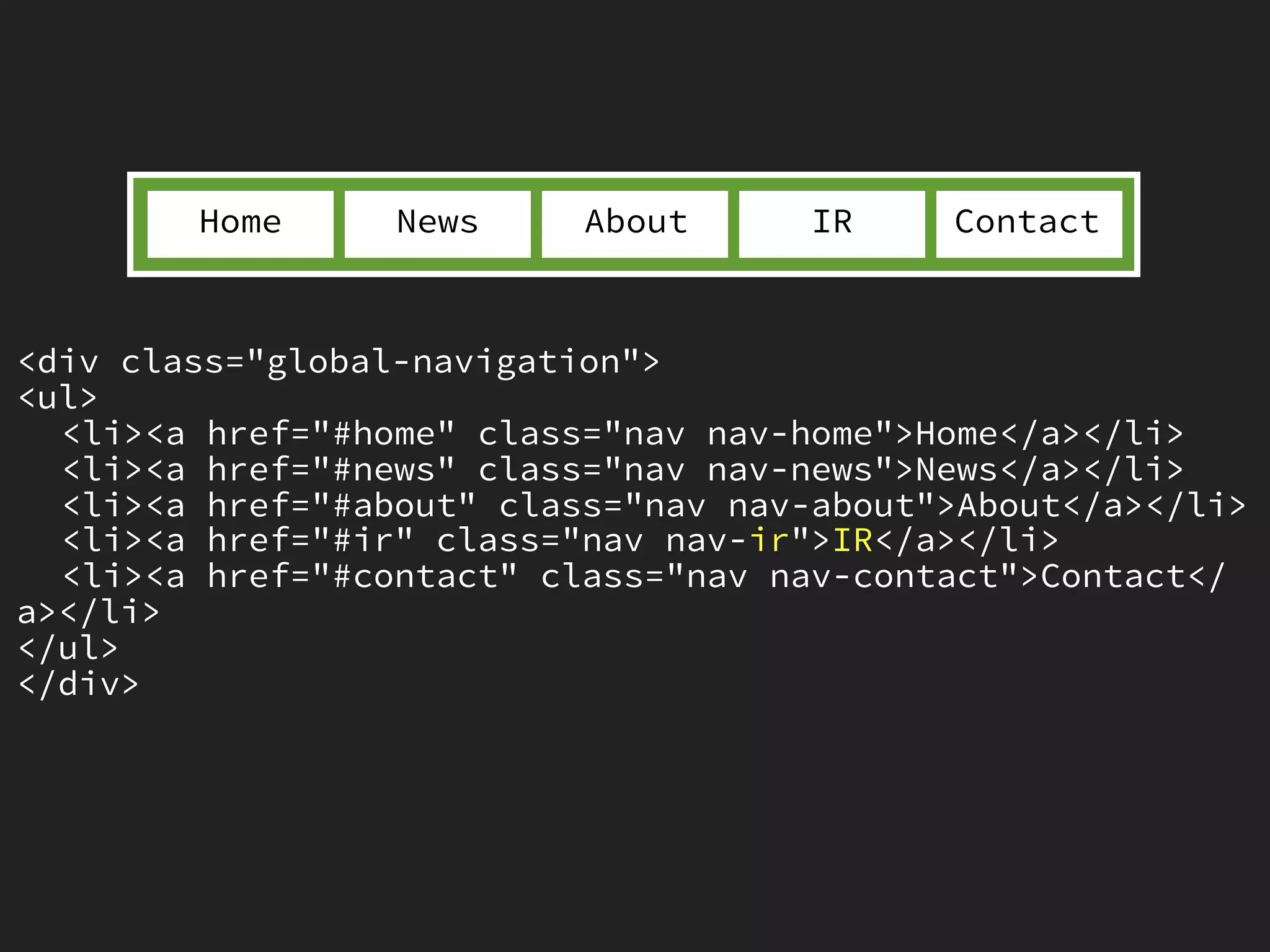 Home      News     About      IR    Contact



<div class="global-navigation">
<ul>
  <li><a href="#home" class="nav nav-home">Home</a></li>
  <li><a href="#news" class="nav nav-news">News</a></li>
  <li><a href="#about" class="nav nav-about">About</a></li>
  <li><a href="#ir" class="nav nav-ir">IR</a></li>
  <li><a href="#contact" class="nav nav-contact">Contact</
a></li>
</ul>
</div>
 