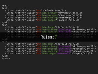 <nav>
<ul>
   <li><a   href="#"   class="btn">Default</a></li>
   <li><a   href="#"   class="btn btn-primary">Primary</a></li>
   <li><a   href="#"   class="btn btn-success">Success</a></li>
   <li><a   href="#"   class="btn btn-warning">Warning</a></li>
   <li><a   href="#"   class="btn btn-danger">Danger</a></li>
</ul>
<ul>
   <li><a   href="#"   class="btn   btn-large">Default</a></li>
   <li><a   href="#"   class="btn   btn-primary btn-large">Primary</a></li>
   <li><a   href="#"   class="btn   btn-success btn-large">Success</a></li>
   <li><a   href="#"   class="btn   btn-warning btn-large">Warning</a></li>
   <li><a
</ul>
            href="#"            Rules:7
                       class="btn   btn-danger btn-large">Danger</a></li>

<ul>
   <li><a   href="#"   class="btn   btn-small">Default</a></li>
   <li><a   href="#"   class="btn   btn-primary btn-small">Primary</a></li>
   <li><a   href="#"   class="btn   btn-success btn-small">Success</a></li>
   <li><a   href="#"   class="btn   btn-warning btn-small">Warning</a></li>
   <li><a   href="#"   class="btn   btn-danger btn-small">Danger</a></li>
</ul>
</nav>
 