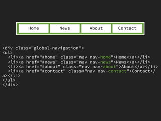 Home        News        About     Contact



<div class="global-navigation">
<ul>
  <li><a href="#home" class="nav nav-home">Home</a></li>
  <li><a href="#news" class="nav nav-news">News</a></li>
  <li><a href="#about" class="nav nav-about">About</a></li>
  <li><a href="#contact" class="nav nav-contact">Contact</
a></li>
</ul>
</div>
 