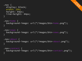 .nav {
  display: block;
  width: 25%;
  height: 44px;
  line-height: 44px;
}

.nav-home {
  background-image: url("/images/btn-home.png");
}

.nav-news {
  background-image: url("/images/btn-news.png");
}

.nav-about {
  background-image: url("/images/btn-about.png");
}

.nav-contact {
  background-image: url("/images/btn-contact.png");
}
 