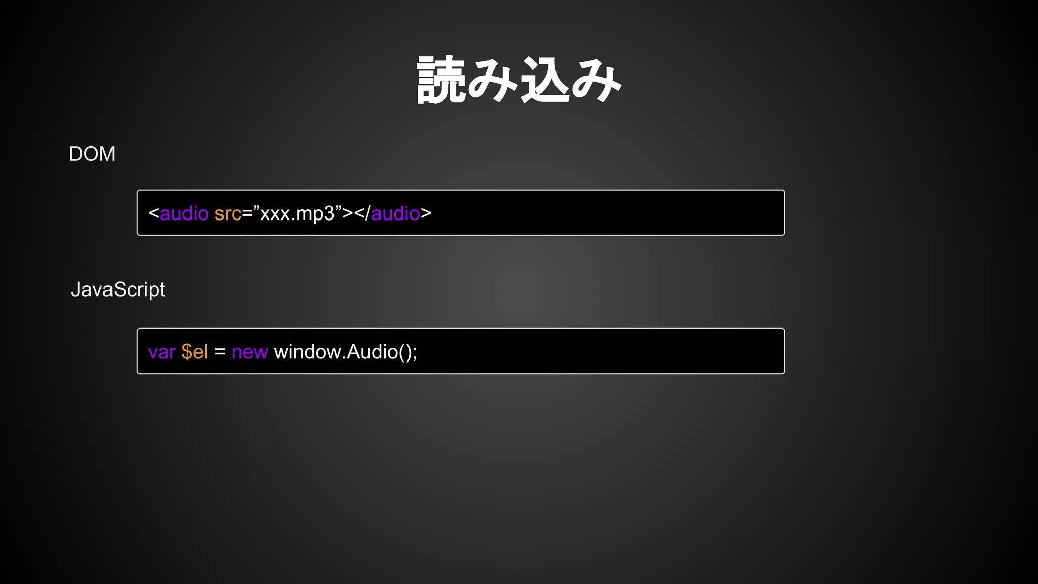 読み込み
<audio src=”xxx.mp3”></audio>
var $el = new window.Audio();
JavaScript
DOM
 