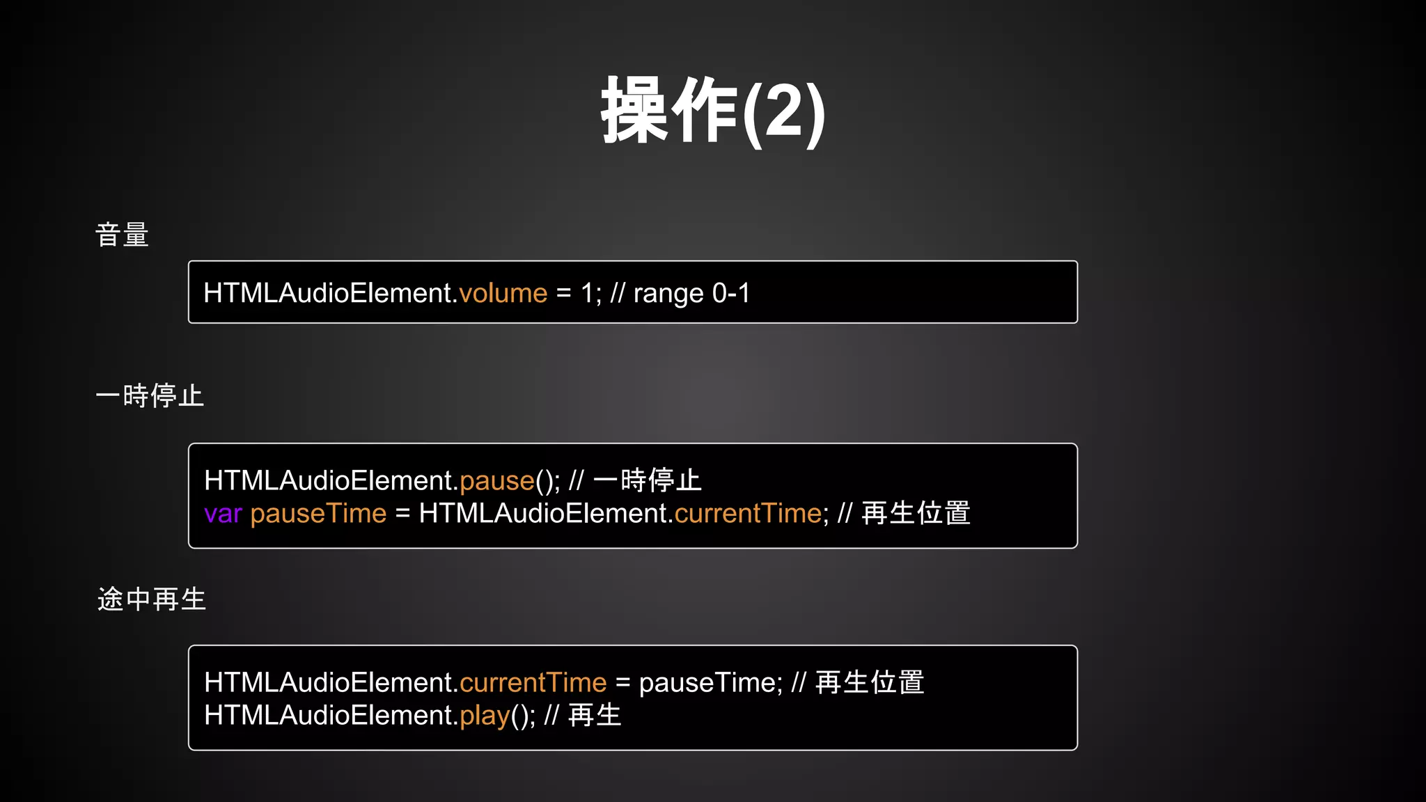 操作(2)
HTMLAudioElement.volume = 1; // range 0-1
HTMLAudioElement.pause(); // 一時停止
var pauseTime = HTMLAudioElement.currentTime; // 再生位置
音量
一時停止
HTMLAudioElement.currentTime = pauseTime; // 再生位置
HTMLAudioElement.play(); // 再生
途中再生
 