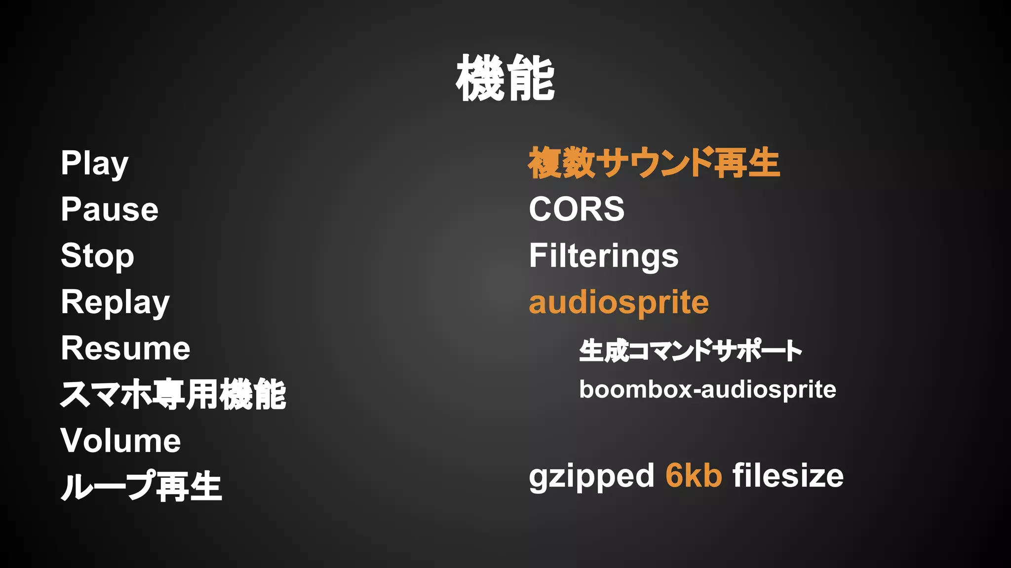 Play
Pause
Stop
Replay
Resume
スマホ専用機能
Volume
ループ再生
機能
複数サウンド再生
CORS
Filterings
audiosprite
生成コマンドサポート
boombox-audiosprite
gzipped 6kb filesize
 