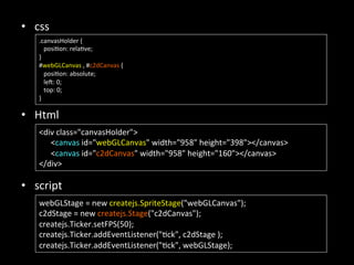 •  css	
  
•  Html	
  
	
  
	
  
•  script	
<div	
  class="canvasHolder">	
  
　　<canvas	
  id="webGLCanvas"	
  width="958"	
  height="398"></canvas>	
  
　　<canvas	
  id="c2dCanvas"	
  width="958"	
  height="160"></canvas>	
  
</div>	
webGLStage	
  =	
  new	
  createjs.SpriteStage("webGLCanvas");	
  
c2dStage	
  =	
  new	
  createjs.Stage("c2dCanvas");	
  
createjs.Ticker.setFPS(50);	
  
createjs.Ticker.addEventListener("7ck",	
  c2dStage	
  );	
  
createjs.Ticker.addEventListener("7ck",	
  webGLStage);	
.canvasHolder	
  {	
  
	
  	
  	
  posi7on:	
  rela7ve;	
  
}	
  
#webGLCanvas	
  ,	
  #c2dCanvas	
  {	
  
	
  	
  	
  posi7on:	
  absolute;	
  	
  
	
  	
  	
  lep:	
  0;	
  
	
  	
  	
  top:	
  0;	
  
}	
 