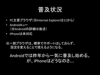 普及状況	
•  PC主要ブラウザ（※Internet	
  Explorerは11から）	
•  Android4.x〜	
  
（※Androidの詳細は後述）	
•  iPhoneは未対応	
※一部ブラウザは、標準でサポートはしておらず、	
  
　　設定を変えることで使えるようになる。	
Androidでは昨年から一気に普及し始める。	
  
が、iPhoneはどうなのさ….	
 