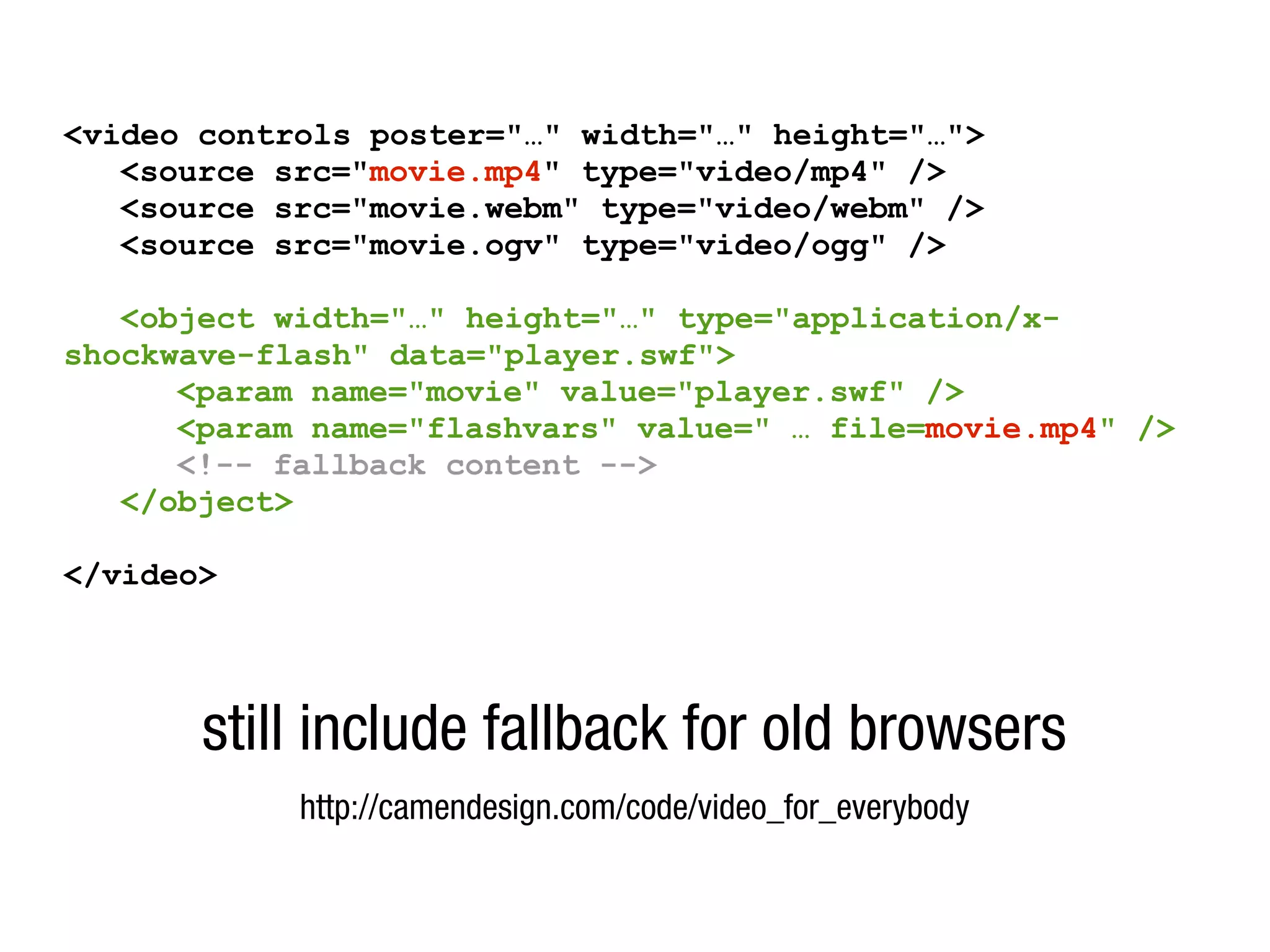 <video controls poster="…" width="…" height="…">
   <source src="movie.mp4" type="video/mp4" />
   <source src="movie.webm" type="video/webm" />
   <source src="movie.ogv" type="video/ogg" />

   <object width="…" height="…" type="application/x-
shockwave-flash" data="player.swf">
      <param name="movie" value="player.swf" />
      <param name="flashvars" value=" … file=movie.mp4" />
      <!-- fallback content -->
   </object>

</video>




       still include fallback for old browsers
            http://camendesign.com/code/video_for_everybody
 