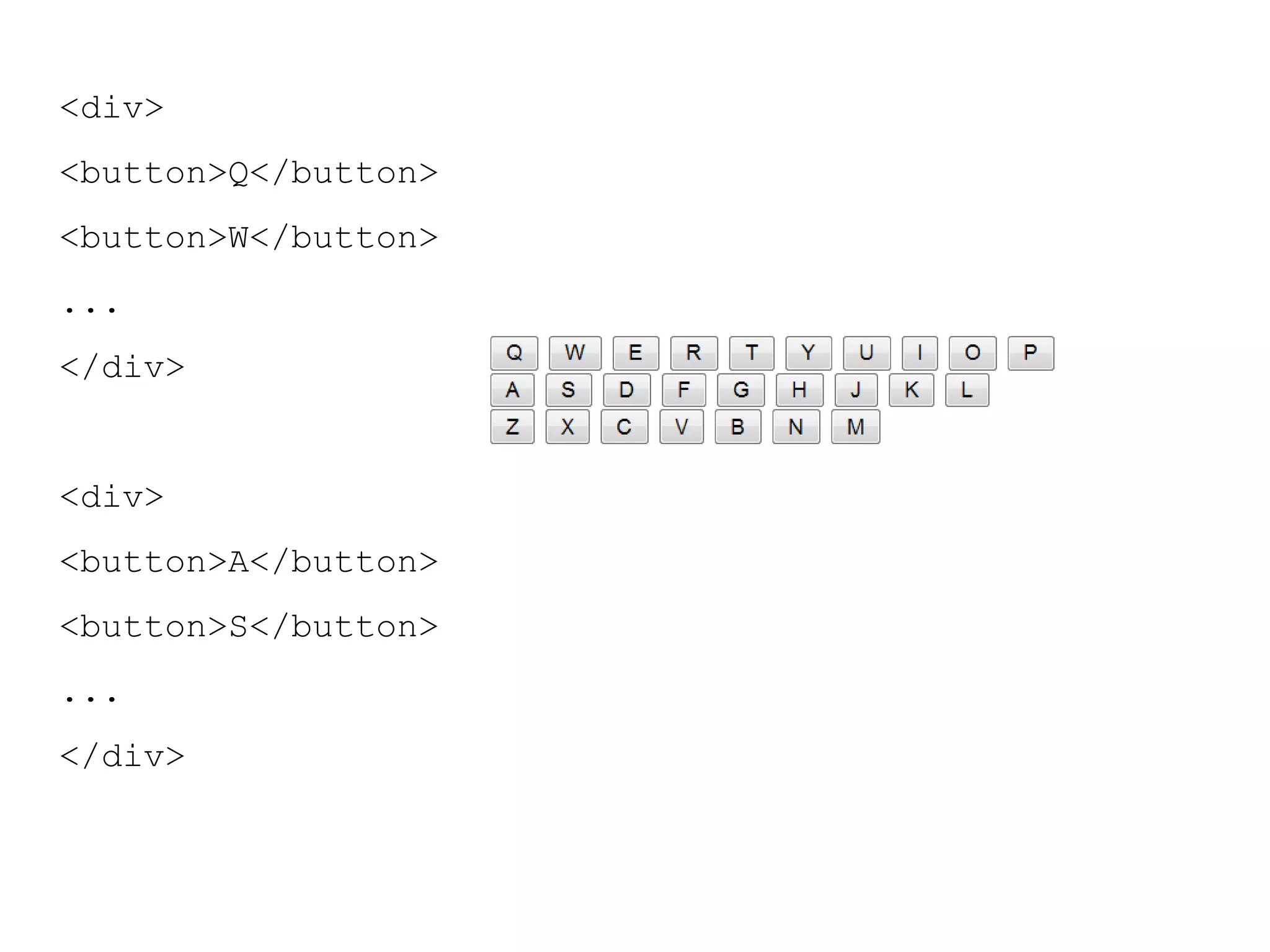 <div>
<button>Q</button>
<button>W</button>
...
</div>


<div>
<button>A</button>
<button>S</button>
...
</div>
 