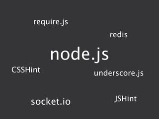 require.js
                      redis

          node.js
CSSHint           underscore.js


    socket.io          JSHint
 