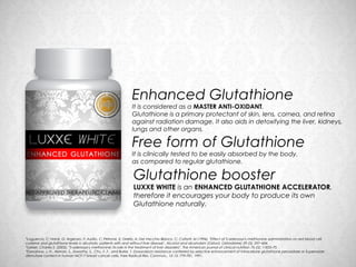 Enhanced Glutathione
                                                                 It is considered as a MASTER ANTI-OXIDANT.
                                                                 Glutathione is a primary protectant of skin, lens, cornea, and retina
                                                                 against radiation damage. It also aids in detoxifying the liver, kidneys,
                                                                 lungs and other organs.

                                                                 Free form of Glutathione
                                                                 It is clinically tested to be easily absorbed by the body,
                                                                 as compared to regular glutathione.

                                                                  Glutathione booster
                                                                  LUXXE WHITE is an ENHANCED GLUTATHIONE ACCELERATOR,
                                                                  therefore it encourages your body to produce its own
                                                                  Glutathione naturally.



*Loguercio, C; Nardi, G; Argenzio, F; Aurilio, C; Petrone, E; Grella, A; Del Vecchio Blanco, C; Coltorti, M (1994). "Effect of S-adenosyl-L-methionine administration on red blood cell
cysteine and glutathione levels in alcoholic patients with and without liver disease". Alcohol and alcoholism (Oxford, Oxfordshire) 29 (5): 597–604.
*Lieber, Charles S. (2002). "S-adenosyl-L-methionine: its role in the treatment of liver disorders". The American journal of clinical nutrition 76 (5): 1183S–7S
*Doroshow. J. H.. Akman, S., Esworthy. S.. Chu, F. F., and Burke. T. Doxorubicin resistance conferred by selective enhancement of intracellular glutathione peroxidase or Superoxide
dismutase content in human MCF-7 breast cancer cells. Free Radical Res. Commun., 12-13: 779-781, 1991.
 