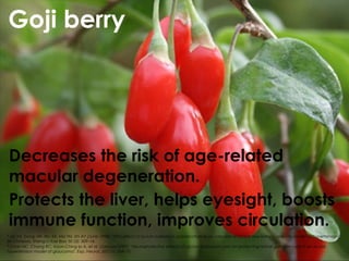 Goji berry




Decreases the risk of age-related
macular degeneration.
Protects the liver, helps eyesight, boosts
immune function, improves circulation.
* Jia YX, Dong JW, Wu XX, Ma TM, Shi AY (June 1998). "[The effect of lycium barbarum polysaccharide on vascular tension in two-kidney, one clip model of hypertension]"
(in Chinese). Sheng Li Xue Bao 50 (3): 309–14.
* Chan HC, Chang RC, Koon-Ching Ip A, et al. (January 2007). "Neuroprotective effects of Lycium barbarum Lynn on protecting retinal ganglion cells in an ocular
hypertension model of glaucoma". Exp. Neurol. 203 (1): 269–73.
 