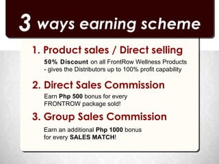 3 ways earning scheme
 1. Product sales / Direct selling
   50% Discount on all FrontRow Wellness Products
   - gives the Distributors up to 100% profit capability

 2. Direct Sales Commission
   Earn Php 500 bonus for every
   FRONTROW package sold!

 3. Group Sales Commission
   Earn an additional Php 1000 bonus
   for every SALES MATCH!
 