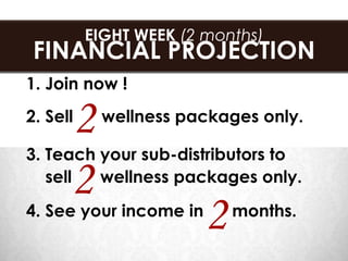 EIGHT WEEK (2 months)
 FINANCIAL PROJECTION
1. Join now !

      2
2. Sell    wellness packages only.

3. Teach your sub-distributors to
      2
   sell  wellness packages only.

4. See your income in
                        2   months.
 