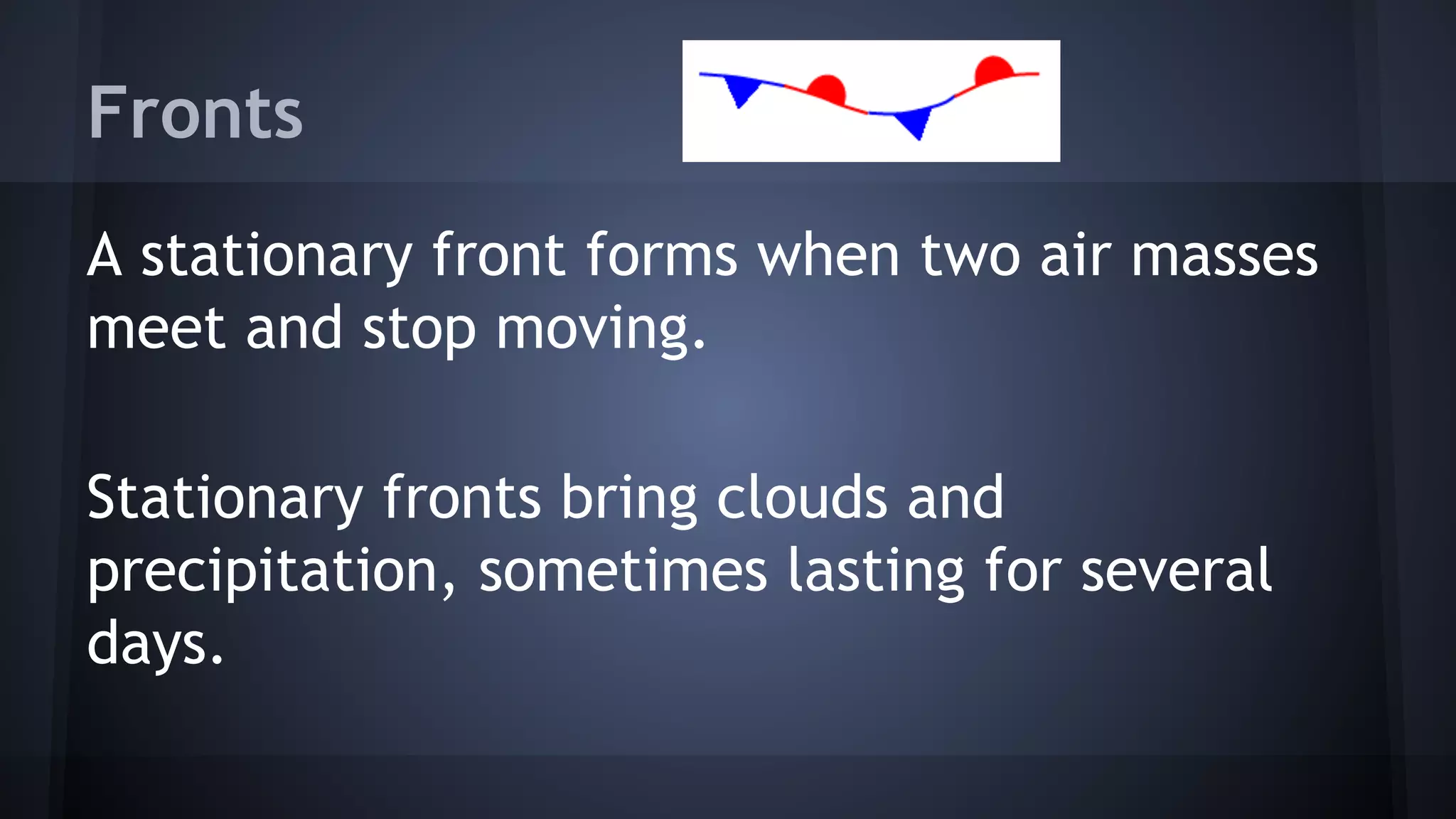 Fronts
A stationary front forms when two air masses
meet and stop moving.
Stationary fronts bring clouds and
precipitation, sometimes lasting for several
days.