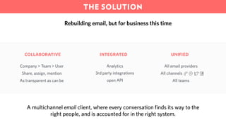 Rebuilding email, but for business this time
collaborative integrated unified
Company > Team > User
Share, assign, mention
As transparent as can be
Analytics
3rd party integrations
open API
All email providers
All channels e
All teams
A multichannel email client, where every conversation finds its way to the
right people, and is accounted for in the right system.
THE SOLUTION
 