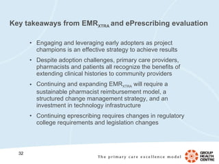 Engaging and leveraging early adopters as project champions is an effective strategy to achieve results Despite adoption challenges, primary care providers, pharmacists and patients all recognize the benefits of extending clinical histories to community providers Continuing and expanding EMR XTRA  will require a sustainable pharmacist reimbursement model, a structured change management strategy, and an investment in technology infrastructure Continuing eprescribing requires changes in regulatory college requirements and legislation changes Key takeaways from EMR XTRA  and ePrescribing evaluation 