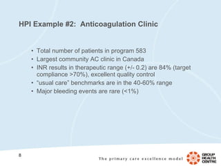HPI Example #2:  Anticoagulation Clinic Total number of patients in program 583 Largest community AC clinic in Canada INR results in therapeutic range (+/- 0.2) are 84% (target compliance >70%), excellent quality control “ usual care” benchmarks are in the 40-60% range Major bleeding events are rare (<1%) 