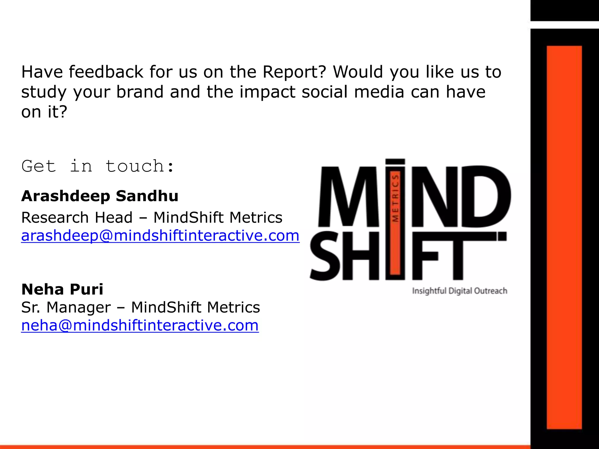 Read our MindShiftin’ Reports
The Selfie Epidemic
In India and Around The
World
Frooti Vs Slice Aamsutra –
SRK or Katrina - Social Media
Campaign Report
Impact of Social Media on
Hospitality and Tourism
GOSF 2014
 
