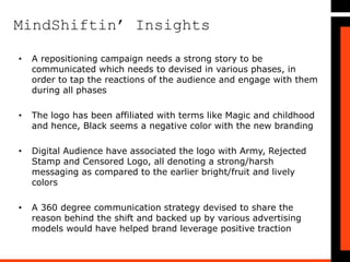 MindShiftin’ Insights
Strong Points:
• Word of the new logo was first let out by Frooti on the most
proactive social media platforms via Facebook, Instagram and
Twitter to get a reaction out of its audience
Recommendations:
• An initial pilot or a survey to understand feedback on the logo
would have helped the brand
• The launch could have led to better outcome if it were backed
with a cause or reasoning to the change in logo
Weak Points:
• The brand did not communicate a story line as compared to
their earlier campaigns, keeping their audience informed
• A proactive social media approach and response management
of queries via Social would have helped to understand the
reaction
• A missing story & communication, regarding the change in logo
has been noticed
 