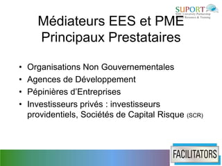 Médiateurs EES et PME
      Principaux Prestataires

•   Organisations Non Gouvernementales
•   Agences de Développement
•   Pépinières d’Entreprises
•   Investisseurs privés : investisseurs
    providentiels, Sociétés de Capital Risque (SCR)
 