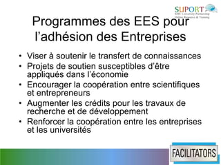 Programmes des EES pour
   l’adhésion des Entreprises
• Viser à soutenir le transfert de connaissances
• Projets de soutien susceptibles d’être
  appliqués dans l’économie
• Encourager la coopération entre scientifiques
  et entrepreneurs
• Augmenter les crédits pour les travaux de
  recherche et de développement
• Renforcer la coopération entre les entreprises
  et les universités
 