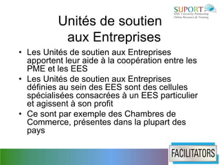 Unités de soutien
           aux Entreprises
• Les Unités de soutien aux Entreprises
  apportent leur aide à la coopération entre les
  PME et les EES
• Les Unités de soutien aux Entreprises
  définies au sein des EES sont des cellules
  spécialisées consacrées à un EES particulier
  et agissent à son profit
• Ce sont par exemple des Chambres de
  Commerce, présentes dans la plupart des
  pays
 