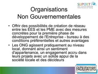 Organisations
     Non Gouvernementales
• Offrir des possibilités de création de réseau
  entre les EES et les PME avec des mesures
  concrètes pour la première phase de
  développement de l'Entreprise - bureau à des
  conditions préférentielles et autres avantages
• Les ONG agissent pratiquement au niveau
  local, donnant ainsi un sentiment
  d'appartenance, un engagement accru dans
  leurs projets avec un solide appui de la
  société locale et des décideurs
 
