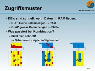 Zugriffsmuster                                     www.fromdual.com



●   DB's sind schnell, wenn Daten im RAM liegen:
    ●   OLTP kleine Datenmengen → RAM
    ●   OLAP grosse Datenmengen → Platte
●   Was passiert bei Kombination?
    ●   Sieht man sehr oft!
        → Daher wenn möglich/nötig trennen!




         OLTP                  Hybrid          OLAP


                                                           10 / 37
 