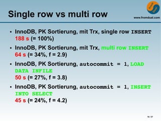 Single row vs multi row                       www.fromdual.com



●   InnoDB, PK Sortierung, mit Trx, single row INSERT
    188 s (= 100%)
●   InnoDB, PK Sortierung, mit Trx, multi row INSERT
    64 s (= 34%, f = 2.9)
●   InnoDB, PK Sortierung, autocommit = 1, LOAD 
    DATA INFILE
    50 s (= 27%, f = 3.8)
●   InnoDB, PK Sortierung, autocommit = 1, INSERT 
    INTO SELECT
    45 s (= 24%, f = 4.2)

                                                      16 / 37
 