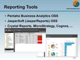 Reporting Tools                           www.fromdual.com




●   Pentaho Business Analytics OSS
●   JasperSoft (JasperReports) OSS
●   Crystal Reports, MicroStrategy, Cognos, ...




                                                  34 / 37
 