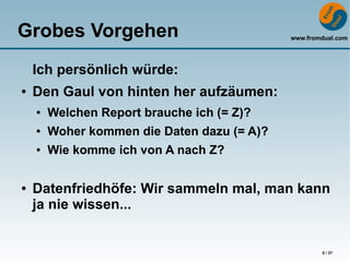 Grobes Vorgehen                              www.fromdual.com




    Ich persönlich würde:
●   Den Gaul von hinten her aufzäumen:
    ●   Welchen Report brauche ich (= Z)?
    ●   Woher kommen die Daten dazu (= A)?
    ●   Wie komme ich von A nach Z?

●   Datenfriedhöfe: Wir sammeln mal, man kann
    ja nie wissen...


                                                     5 / 37
 