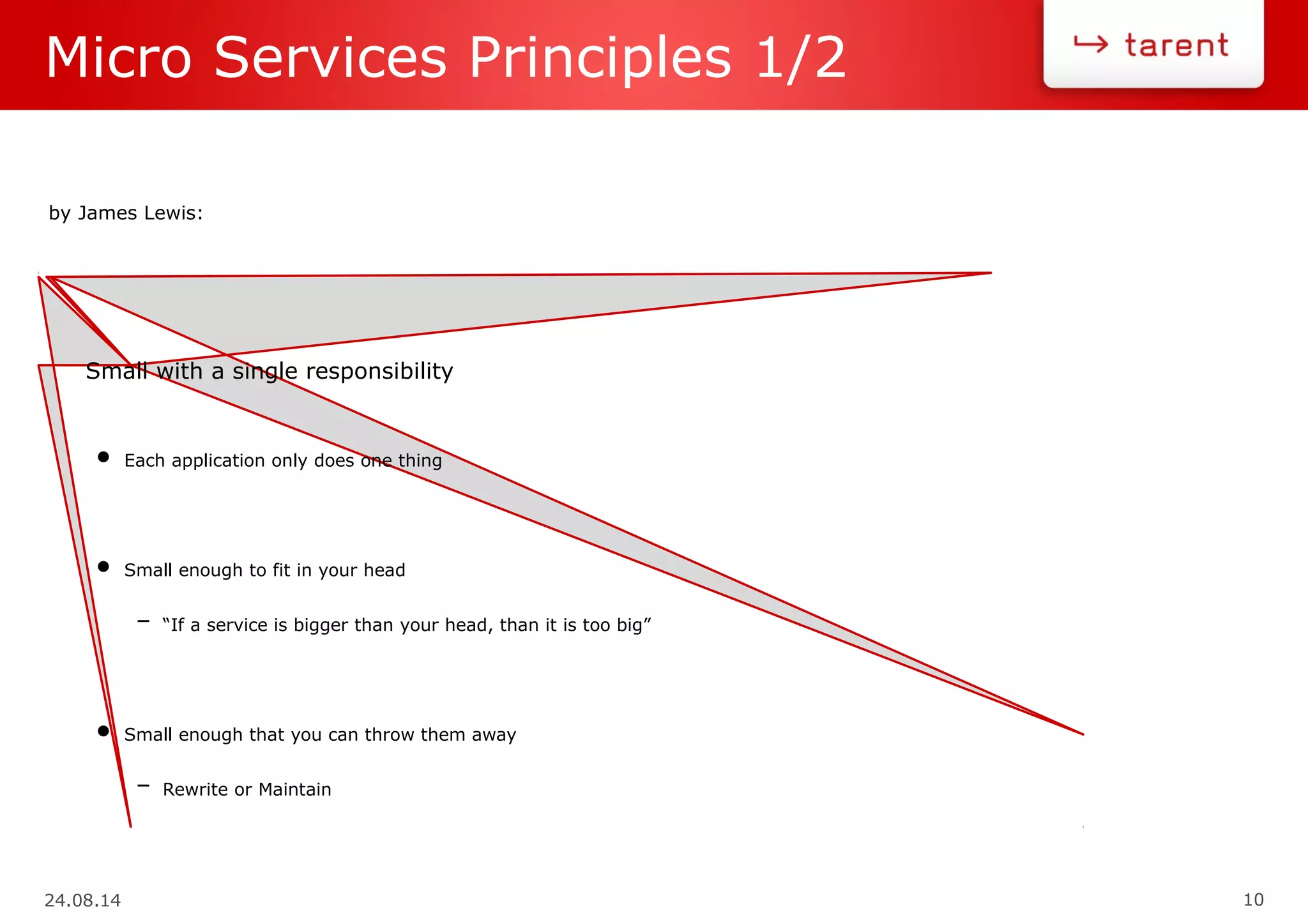 24.08.14 10
Micro Services Principles 1/2
Small with a single responsibility
• Each application only does one thing
• Small enough to fit in your head
– “If a service is bigger than your head, than it is too big”
• Small enough that you can throw them away
– Rewrite or Maintain
by James Lewis:
 