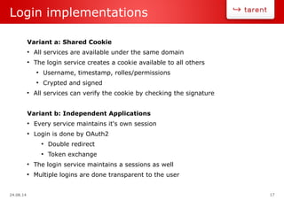 24.08.14 17
Login implementations
Variant a: Shared Cookie
●
All services are available under the same domain
●
The login service creates a cookie available to all others
●
Username, timestamp, rolles/permissions
●
Crypted and signed
●
All services can verify the cookie by checking the signature
Variant b: Independent Applications
●
Every service maintains it's own session
●
Login is done by OAuth2
●
Double redirect
●
Token exchange
●
The login service maintains a sessions as well
●
Multiple logins are done transparent to the user
 