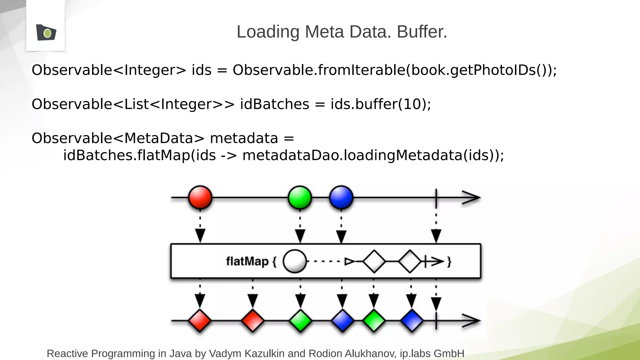 Reactive Programming in Java by Vadym Kazulkin and Rodion Alukhanov, ip.labs GmbH
Loading Meta Data. Buffer.
Observable<Integer> ids = Observable.fromIterable(book.getPhotoIDs());
Observable<List<Integer>> idBatches = ids.buffer(10);
Observable<MetaData> metadata =
idBatches.flatMap(ids -> metadataDao.loadingMetadata(ids));
 