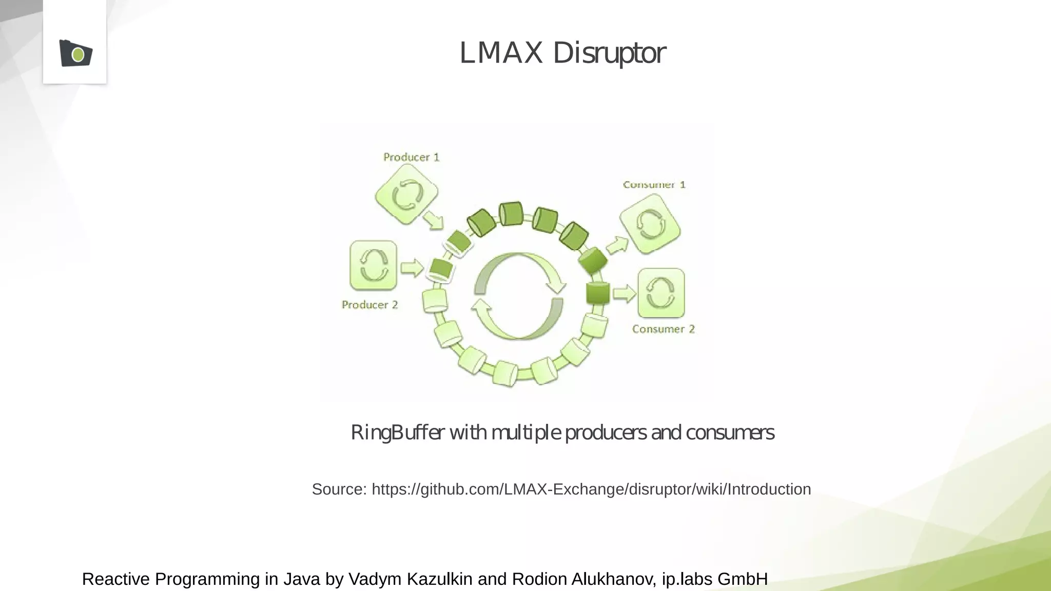 Reactive Programming in Java by Vadym Kazulkin and Rodion Alukhanov, ip.labs GmbH
LMAX Disruptor
RingBuffer withmultipleproducersandconsumers
Source: https://github.com/LMAX-Exchange/disruptor/wiki/Introduction
 