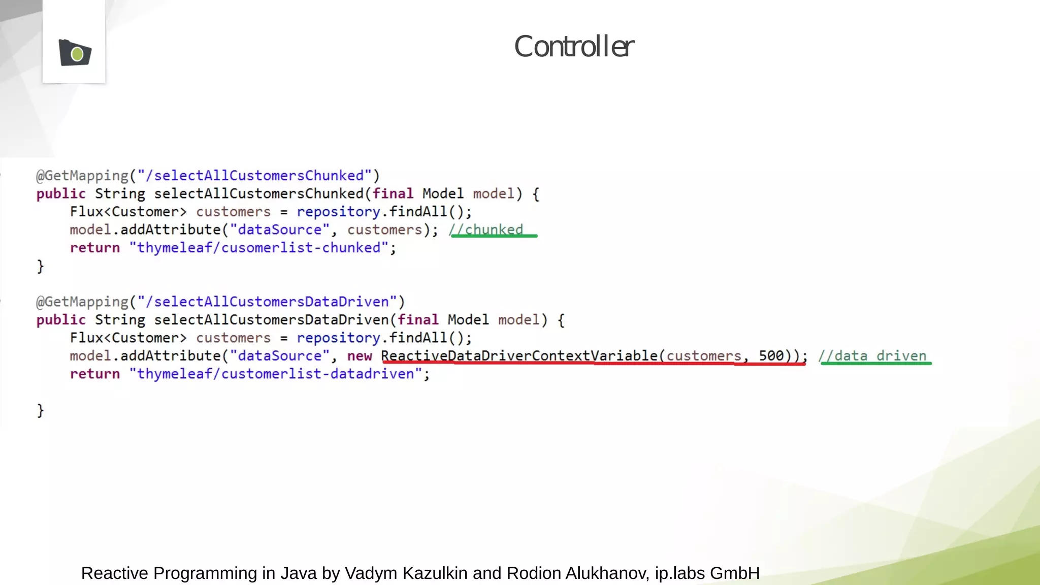 Reactive Programming in Java by Vadym Kazulkin and Rodion Alukhanov, ip.labs GmbH
Controller
 