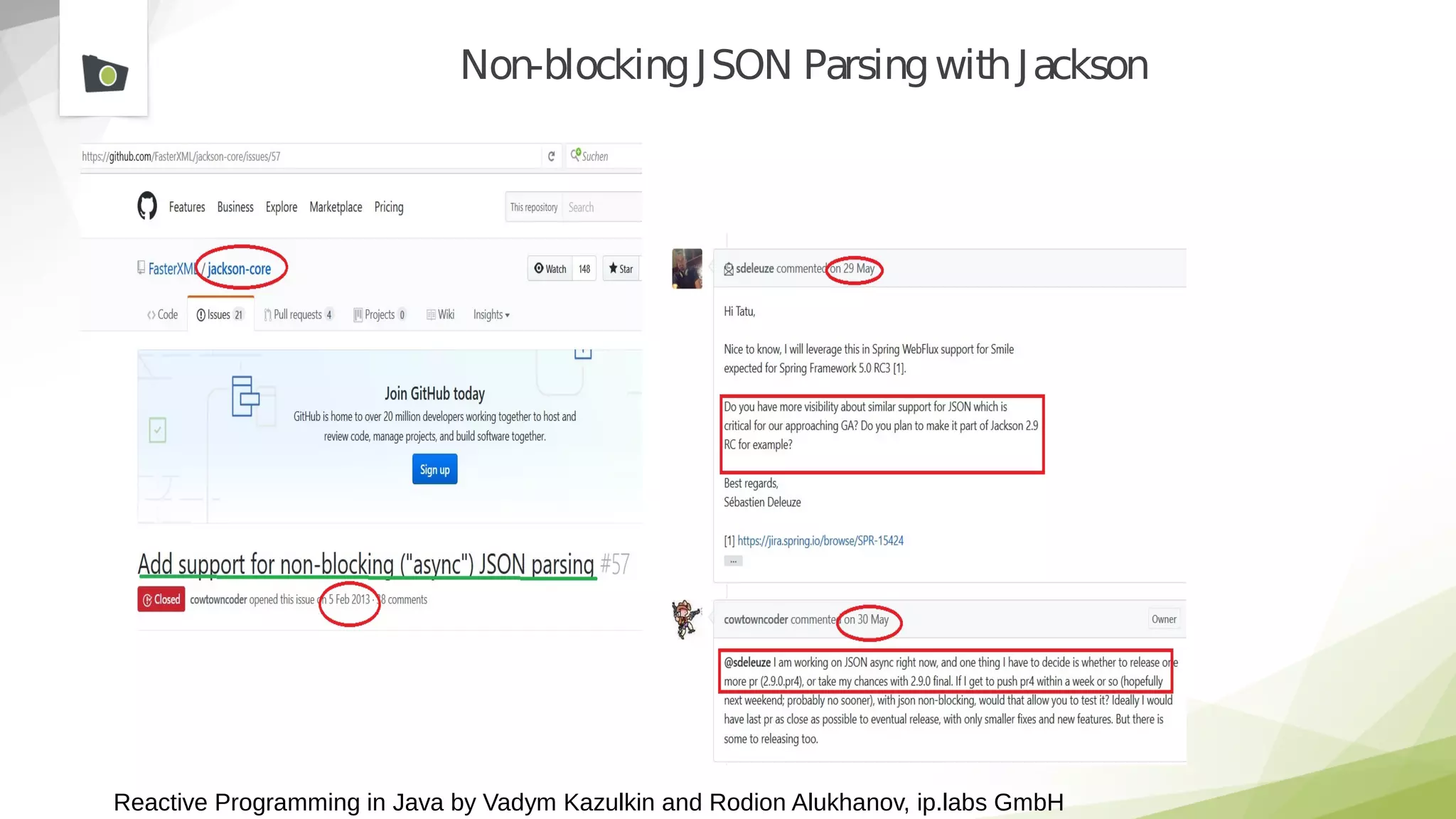 Reactive Programming in Java by Vadym Kazulkin and Rodion Alukhanov, ip.labs GmbH
Non-blockingJSON ParsingwithJackson
 