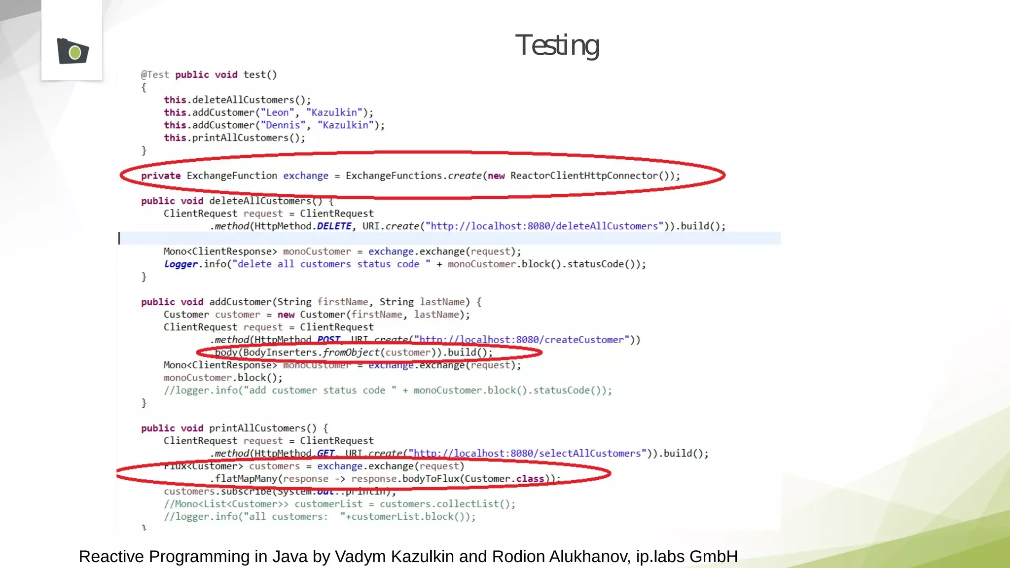 Reactive Programming in Java by Vadym Kazulkin and Rodion Alukhanov, ip.labs GmbH
Testing
 