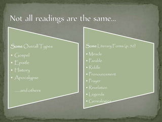 Some Overall Types
• Gospel
• Epistle
• History
• Apocalypse
……and others
Some Literary Forms (p. 50)
• Miracle
• Parable
• Riddle
• Pronouncement
• Prayer
• Revelation
• Legends
• Genealogies
 