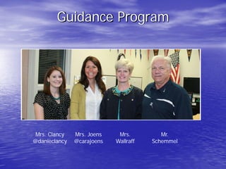 Guidance Program
Mrs. Clancy
@danieclancy
Mrs. Joens
@carajoens
Mrs.
Wallraff
Mr.
Schemmel
 