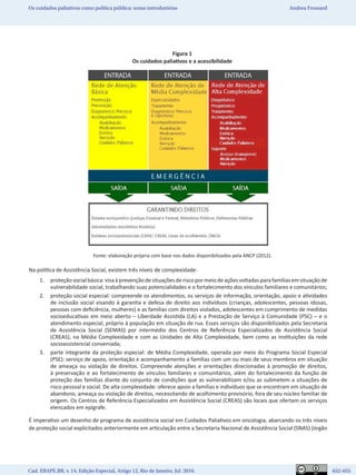 Cad. EBAPE.BR, v. 14, Edição Especial, Artigo 12, Rio de Janeiro, Jul. 2016.	   652-655
Os cuidados paliativos como política pública: notas introdutórias Andrea Frossard
Figura 1
Os cuidados paliativos e a acessibilidade
Fonte: elaboração própria com base nos dados disponibilizados pela ANCP (2012).
Na política de Assistência Social, existem três níveis de complexidade:
1.	 proteçãosocialbásica:visaàprevençãodesituaçõesderiscopormeiodeaçõesvoltadasparafamíliasemsituaçãode
vulnerabilidade social, trabalhando suas potencialidades e o fortalecimento dos vínculos familiares e comunitários;
2.	 proteção social especial: compreende os atendimentos, os serviços de informação, orientação, apoio e atividades
de inclusão social visando à garantia e defesa de direito aos indivíduos (crianças, adolescentes, pessoas idosas,
pessoas com deficiência, mulheres) e as famílias com direitos violados, adolescentes em cumprimento de medidas
socioeducativas em meio aberto – Liberdade Assistida (LA) e a Prestação de Serviço à Comunidade (PSC) – e o
atendimento especial, próprio à população em situação de rua. Esses serviços são disponibilizados pela Secretaria
de Assistência Social (SEMAS) por intermédio dos Centros de Referência Especializados de Assistência Social
(CREAS), na Média Complexidade e com as Unidades de Alta Complexidade, bem como as instituições da rede
socioassistencial conveniada;
3.	 parte integrante da proteção especial: de Média Complexidade, operada por meio do Programa Social Especial
(PSE): serviço de apoio, orientação e acompanhamento a famílias com um ou mais de seus membros em situação
de ameaça ou violação de direitos. Compreende atenções e orientações direcionadas à promoção de direitos,
à preservação e ao fortalecimento de vínculos familiares e comunitários, além do fortalecimento da função de
proteção das famílias diante do conjunto de condições que as vulnerabilizam e/ou as submetem a situações de
risco pessoal e social. De alta complexidade: oferece apoio a famílias e indivíduos que se encontram em situação de
abandono, ameaça ou violação de direitos, necessitando de acolhimento provisório, fora de seu núcleo familiar de
origem. Os Centros de Referência Especializados em Assistência Social (CREAS) são locais que ofertam os serviços
elencados em epígrafe.
É imperativo um desenho de programa de assistência social em Cuidados Paliativos em oncologia, abarcando os três níveis
de proteção social explicitados anteriormente em articulação entre a Secretaria Nacional de Assistência Social (SNAS) (órgão
 